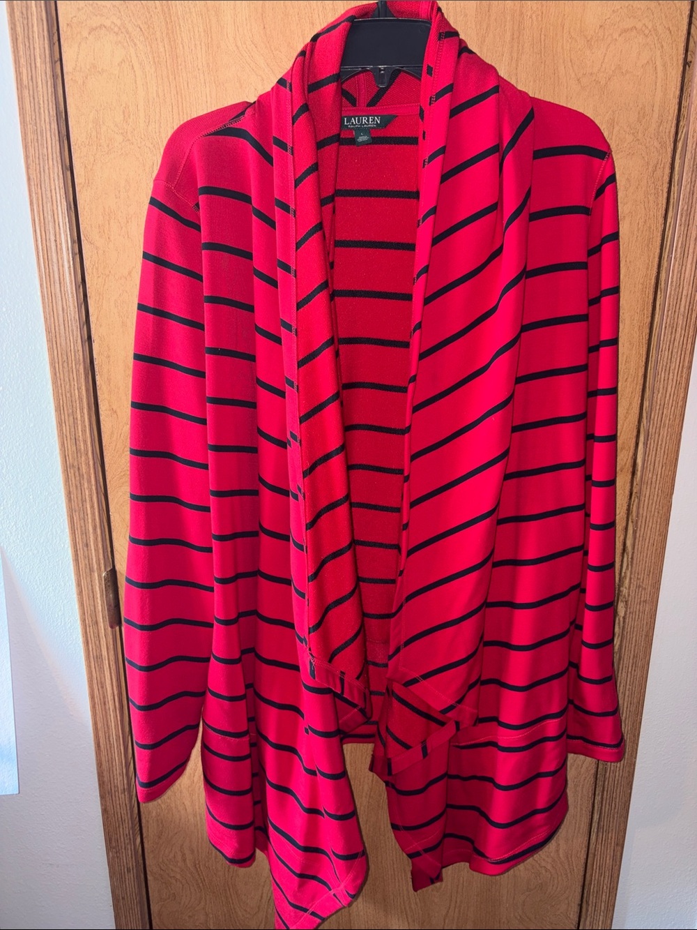 Lauren Ralph Lauren Red and Black Striped Open Shawl Cardigan
